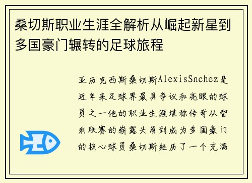 桑切斯职业生涯全解析从崛起新星到多国豪门辗转的足球旅程