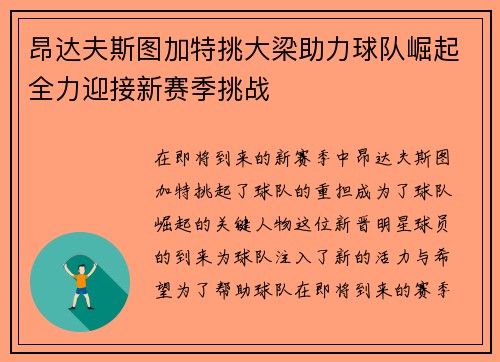 昂达夫斯图加特挑大梁助力球队崛起全力迎接新赛季挑战