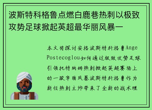 波斯特科格鲁点燃白鹿巷热刺以极致攻势足球掀起英超最华丽风暴一 波斯特科格鲁点燃白鹿巷热刺以极致攻势足球掀起英超最华丽风暴一